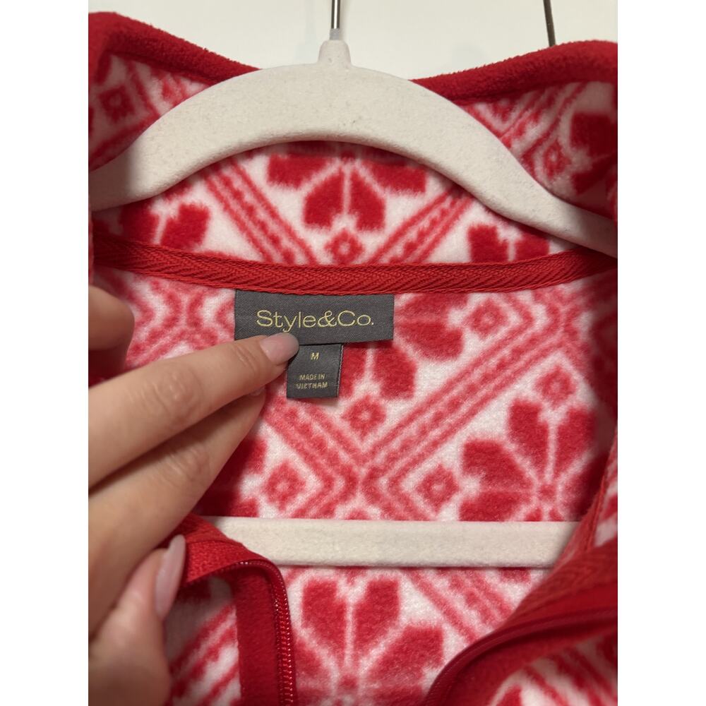 Style & Co. Red and White Patterned Fleece Pullover M - Picture 3 of 7